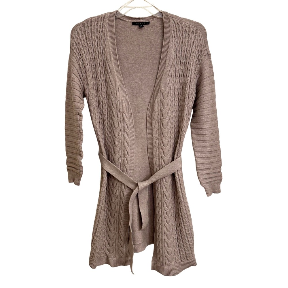 Boho Cable Knit Cardigan Sweater Taupe Cyrus Belted Open Front Women's Medium